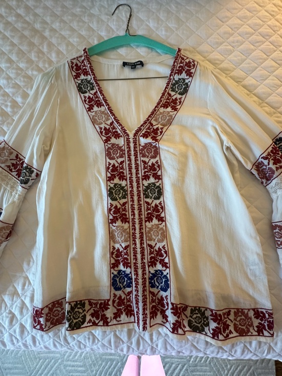 Love Sam Tops - Love Sam Cream Boho Tunic with Multicolor Embroidered Trim